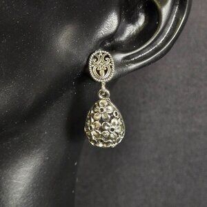 Silver-Tone Floral Teardrop Drop Earrings Filigree Vintage Inspired Dangle